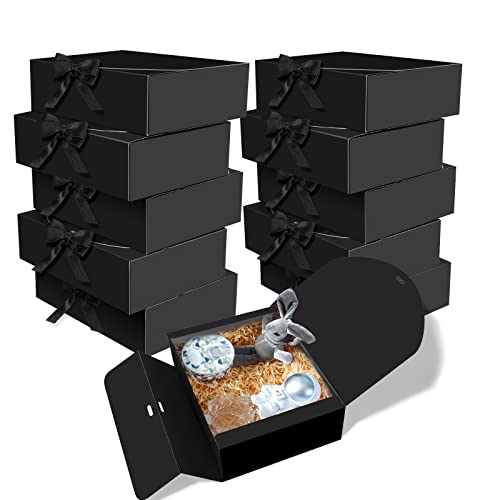 BoShahai 10 PCS Boxes with Lids, 10.6x7.8x3.1 Inch Kraft Paper, Black Gift Boxes with Ribbon, Bridesmaid Proposal Box for ...