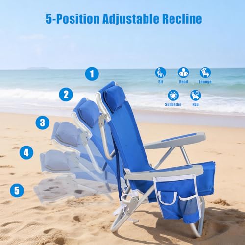 SUNNYFEEL Low Beach Chair 5 Position Lay Flat, Portable Folding Backpack Beach Chairs Heavy Duty with Cooler Bag, Cup Hold...