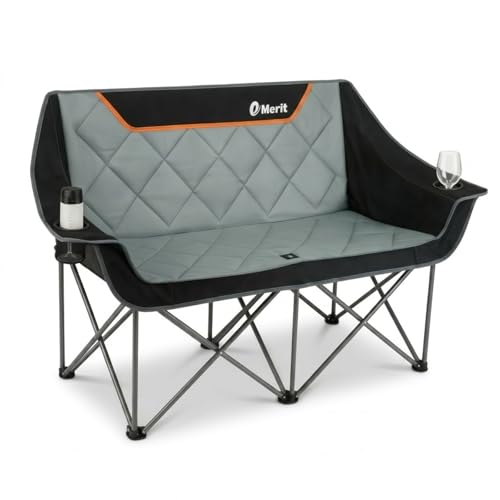 EMERIT Oversized Fully Padded Camping Chair, Heavy Duty 650LB Folding Camping Loveseat, Quad Fold Double Camping Couch wit...