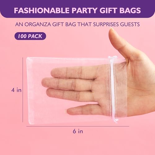 PACKINNO 100pcs White Organza Bags, Sheer Organza Bags 4x6 Inch, Small Mesh Bag Drawstring, Jewelry Gift Bags for Party, C...