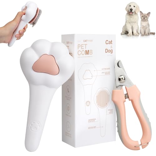 Self-Cleaning Cat Brush for Shedding with Cat Nail Clipper 2-Piece Set for Pets That Shed a Lot or Have Overgrown Nails,In...