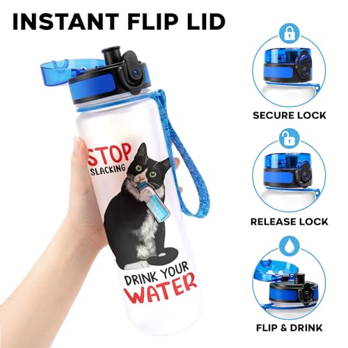 GEPOSTORE Funny Cat Hydration Water Bottle 32oz with Time Marker, Cute Cat Mom Gift for Women, Reusable Daily Motivation D...