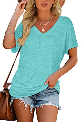 WIHOLL Womens Summer T-Shirts Short Sleeve V Neck Dolman Tops with Side Shirring Loose Fit Shirts Spring Fashion