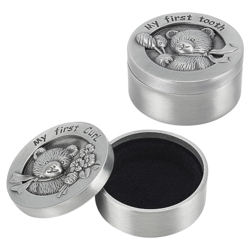 FINGERINSPIRE 2 PCS My First Curl & Tooth Bear Keepsake Box - 1.3inch Inner Size Antique Silver Baby Teeth Collection for ...