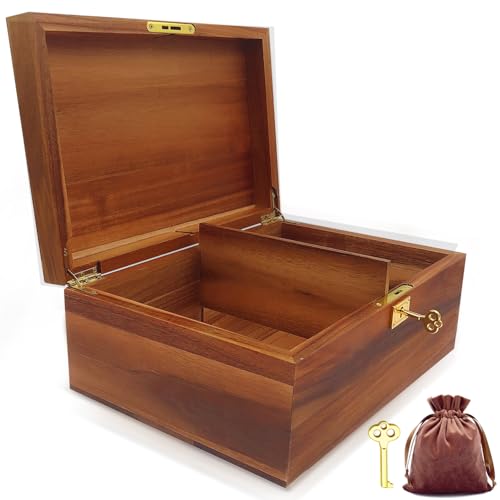 WELITTCON Wood Box Large Decorative Wooden Storage Box with Hinged Lid and Locking Key Premium Acacia Keepsake Chest Box M...