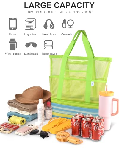 Genteen Sandproof Mesh Beach Bag with Detachable Cooler, Waterproof Zipper Tote Bag for Women Swim Pool Vacation Travel