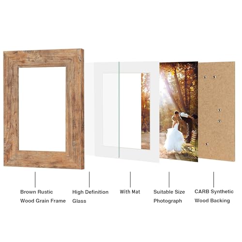 iRahmen 5x7 Picture Frame Set of 2, Rustic Brown Frame with High Definition Glass, Display Pictures 4x6 with Mat or 5 x 7 ...