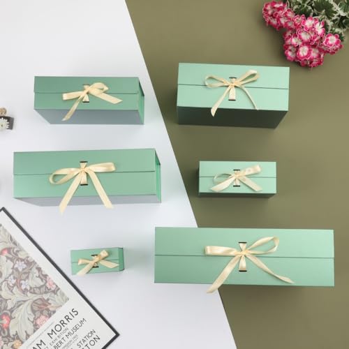 BoxSkivra Green Gift Box with Ribbon 1 Pack 6X6X3 Inch Small Gift Box with Lid Magnetic Closure Rectangle Collapsible Luxu...