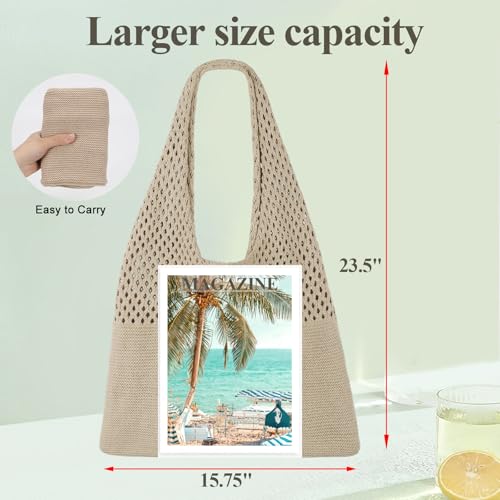 SUOSDEY Crochet Mesh Beach Tote Bag, Knit Summer Vacation Aesthetic Boho Tote Bag for Women