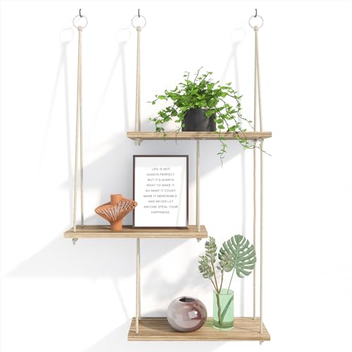 Fixwal Hanging Plant Shelves for Wall, 3 Tier Boho Wall Decor Plant Rack Floating Shelves Rope Rustic Wood Organizer Stora...