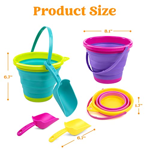 JOYIN Foldable Beach Bucket Set - 3 Packs Collapsible Toy Buckets with Shovels and Mesh Backpack for Kids Toddlers Party, ...