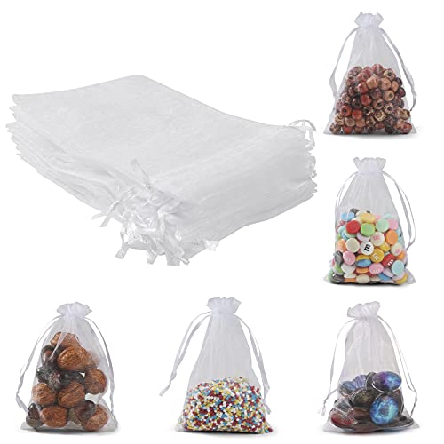 ANZNKU 50 Pack Organza Bags 4 x 6 inch Small Bags, Favor Bag, Sheer Mesh Bag, White Gift Pouches with Drawstring, Organza ...