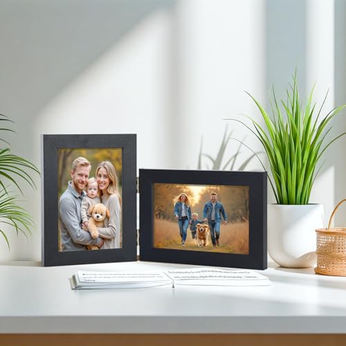 Epecfan 5x7 Double Hinged Picture Frame - Black Foldable Photo Frame with Real Glass, Adjustable Vertical & Horizontal Dis...