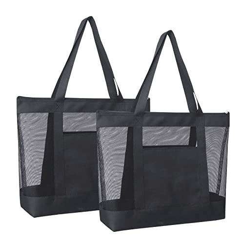 hsmyank 2Pack Lightweight Mesh Tote Bag,Sandproof Beach Bags with Zipper &Double Pocket For Groceries,Poolside,Travel,Towels