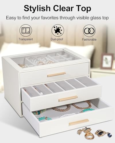 GUOER Jewelry Box for Women, Glass Lid Jewelry Organizer with 3 Drawers PU Jewelry Storage Case for Necklaces Rings Earrin...
