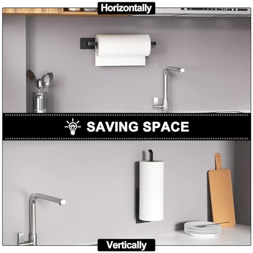 Paper Towel Holder - Self-Adhesive or Drilling, Matte Black, Upgraded Aluminum Kitchen Roll Dispenser Under Cabinet, Light...