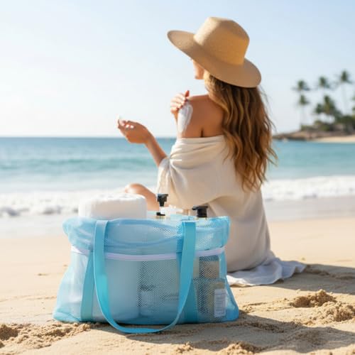 Kinlop 8 Pcs Mesh Beach Bag, Large Beach Tote Bags with Zipper, Waterproof Sandproof with 8 Pockets for Family Travel Vaca...