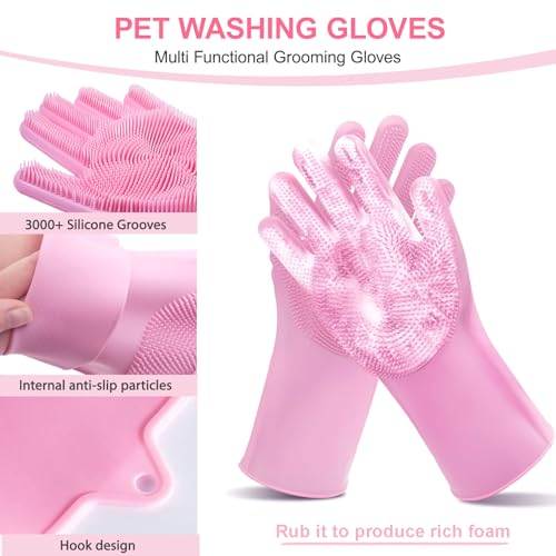 Kemodia 6PCS Pink Dog Washing Kit with Dog Brush, Shampoo Brush, Bath Scrubber,Washing Gloves, 39.7" × 20.5" Towel and Big...