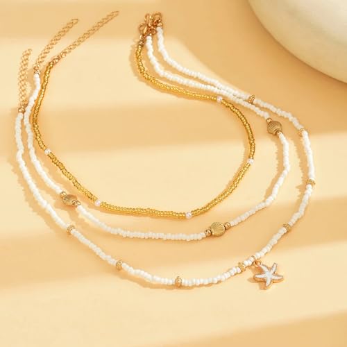 Shell Starfish Necklace for Women, 14k Gold Plated Boho Layered Beaded Charm Pendant Necklace, Dainty Adjustable Pearl Con...