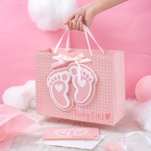 LeZakaa 13" Pink Gift Bags with Tissue Paper, Gift Card, Foot Print & Baby Girl Lettering Design for Baby Shower, Little O...