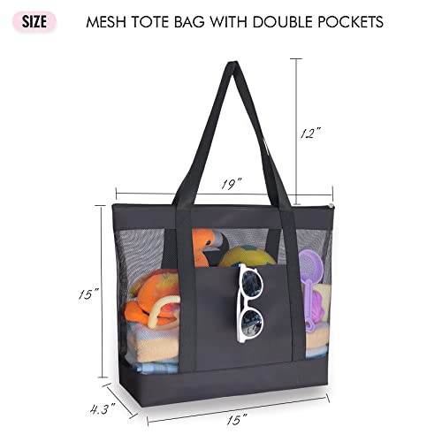 hsmyank 2Pack Lightweight Mesh Tote Bag,Sandproof Beach Bags with Zipper &Double Pocket For Groceries,Poolside,Travel,Towels