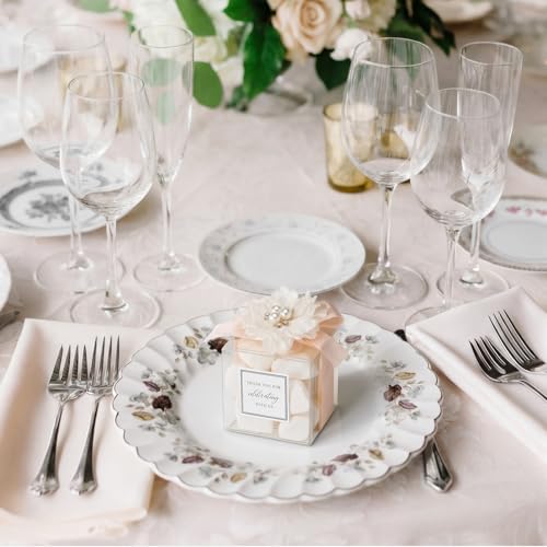 Wenqik 20 Pack Clear Wedding Favor Boxes with Ivory White Pearl Flowers, Ribbon and Thank You Stickers, Elegant Plastic Ca...