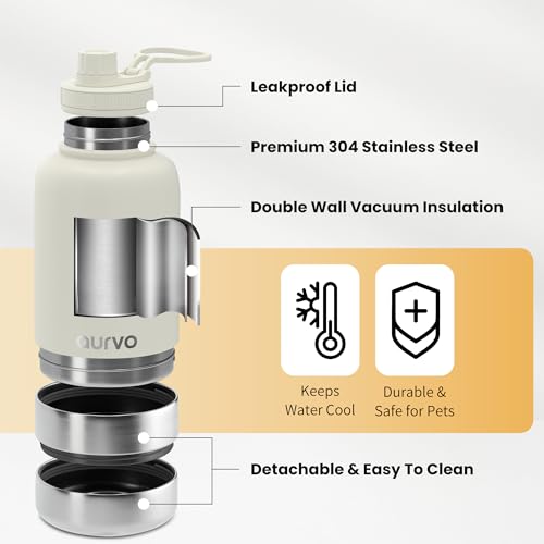32oz Dog Water Bottle with Bowls - Leakproof Insulated Stainless Steel, Portable Travel Bottle for Hiking, Camping, Outdoo...