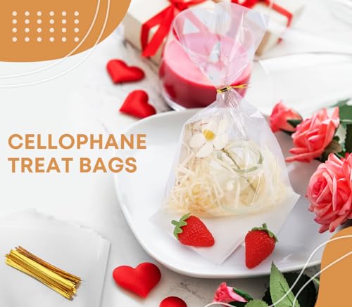 SUREHOME Cellophane Bags, 100 Pack Clear Gift Bag Cellophane Treat Bags with Ties 6x10 Inch Plastic Small Cello Candy Bag ...
