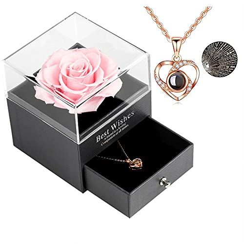 Skalago Preserved Real Rose Drawer with Heart Necklace I Love You in 100 Languages Gift Set, Handmade Enchanted Real Rose ...