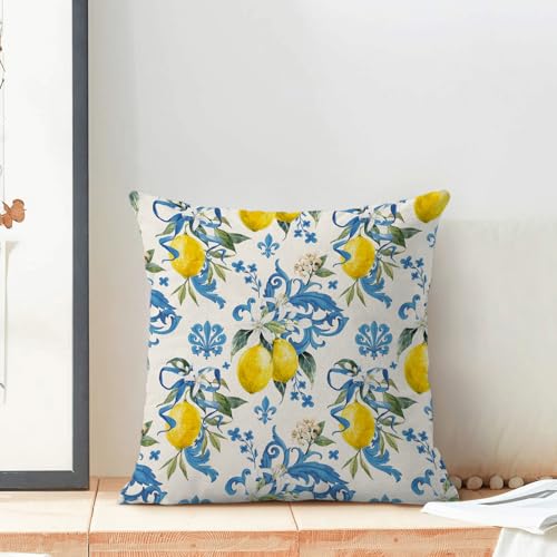 Summer Pillow Covers 18x18 Inch Set of 2 Boho Blue Yellow Lemon Floral Throw Pillows Outdoor Decorative Seasonal Spring Su...
