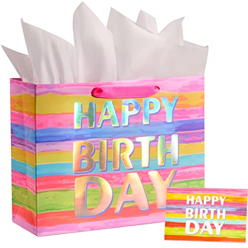 SUNCOLOR Large Happy Birthday Gift Bag with Tissue Paper & Card, 13 x 10.2 x 4.7 Inches Premium Paper Bag for Birthday, Ki...