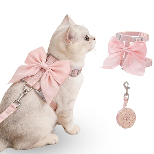Tensho Pink Bow Cat Harness and Leash Set Escape Proof, Adjustable Kitten Harness with Leash, Bow Tie Cat Harness for Walk...