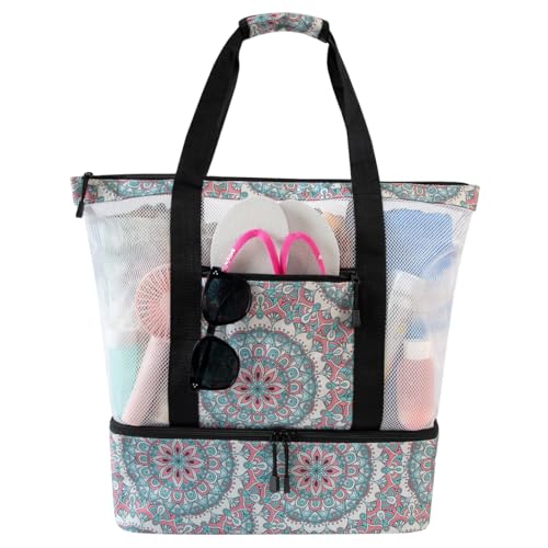 ASL Mesh Beach Bag with Cooler Compartment for Women, 2-in-1 Print Travel Tote 30L with Zipper and Pockets, Pool Picnic