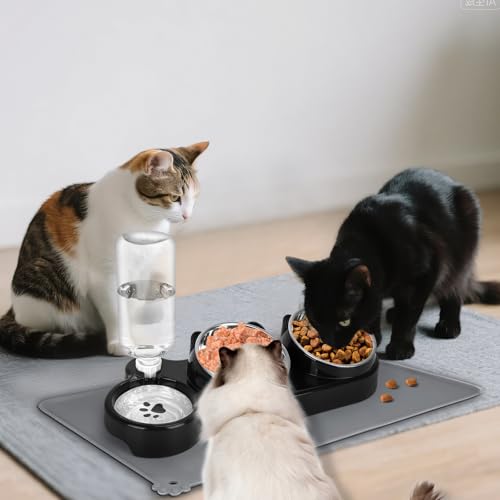 YECERCAN Cat Food and Water Bowl Set, Stainless Steel Raised Cat Bowls with Automatic Water Bottle & Waterproof Mat for Ca...