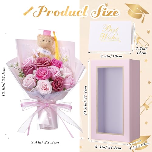 Tigeen 3 Pcs Graduation Gift Bear Flower Bouquet Set, Artificial Soap Rose Bouquet with Mini Plush Graduation Bear, Greeti...
