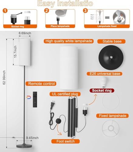 luckystyle Dimmable Floor Standing Tall Lamp, 12W Led Bulb with Lampshade, Foot Switch, Remote Custom Color Temperature Po...