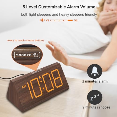 DreamSky Wooden Digital Alarm Clocks for Bedrooms - Electric Desk Clock with Large Numbers, USB Port, Loud Alarm for Heavy...