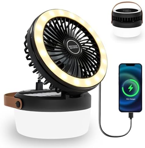 3-in-1 Camping Fan, Portable Solar Fan Rechargeable with LED Lantern, Battery Powered & Solar Camping Fan Light with Hangi...