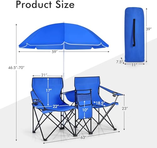 Goplus Double Camping Chair with Umbrella, Folding Loveseat Chairs w/Canopy Shade, Carrying Bag, Table, Cup Holder, Portab...