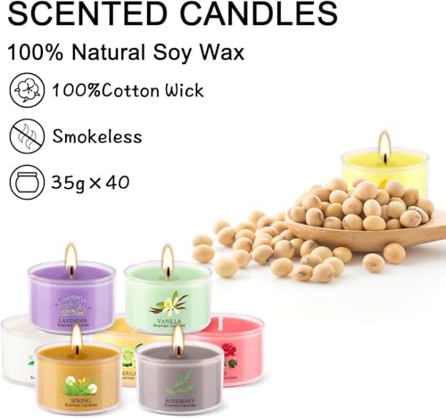 AYIQIW 40 Pack Scented Candle Set, 10 Fragrances, 35g Natural Soy Wax Candles with Smokeless Cotton Wicks, Ideal for Home ...