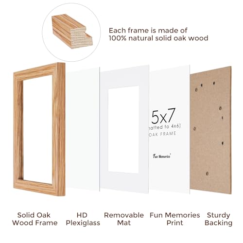 Fun Memories 5x7 Picture Frame, Solid Oak Wood 5 x 7 Frame with Plexiglass, 5 by 7 Photo Frame for Wall & Tabletop Displa...