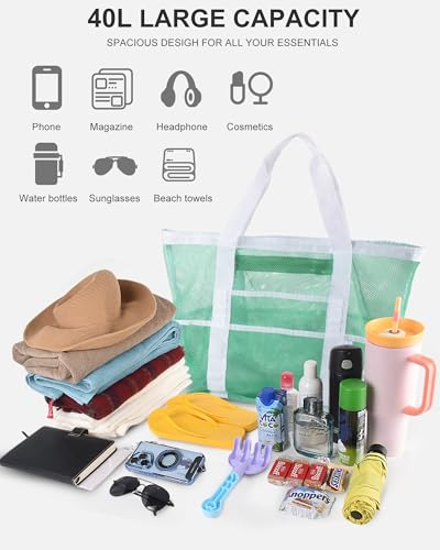 Genteen Mesh Beach Bag,Large Beach Totes for women Large Foldable Mesh Swimming Pool & Vacation Essentials Bag