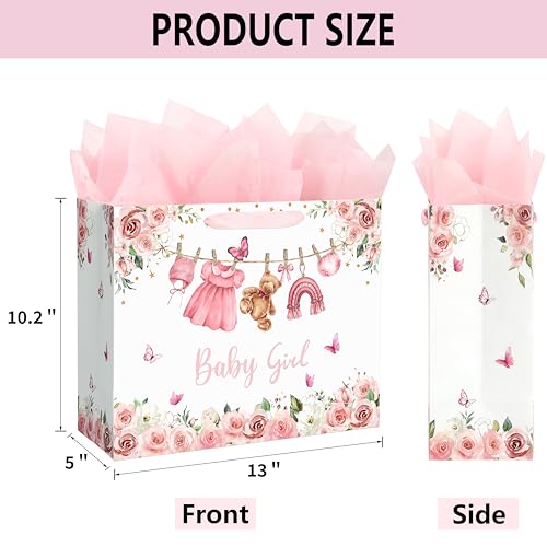 Yusenguan 13" Large Baby Gift Bag for Girl, Pink Floral Design with Handles, Tissue Paper and Gift Card, Perfect for Girl ...