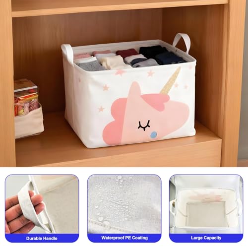 Mziart Cute Unicorn Pink Basket Empty, Rectangle Kids Storage Basket with Handles, Collapsible Nursery Baby Toy Basket for...