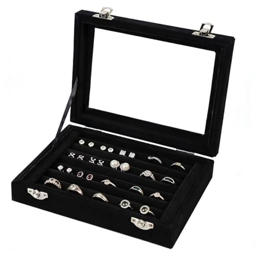 EONGOA Jewelry Box Rings Organizer Tray 7 Slots Velvet Jewelry Earring Storage Box With Transparent Lid Jewelry Display Ca...