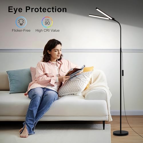 LED Floor Lamp, 18W/2000LM Bright Reading Floor Lamp for Office with Double Head, Adjustable Gooseneck Dimmable Modern Sta...