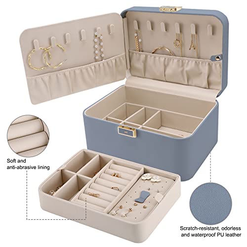 KAMIER Jewelry Organizer Box, 2 Layers PU Leather, Large Capacity, Double Lock and Large Mirror, Hidden Necklace Hooks, Re...