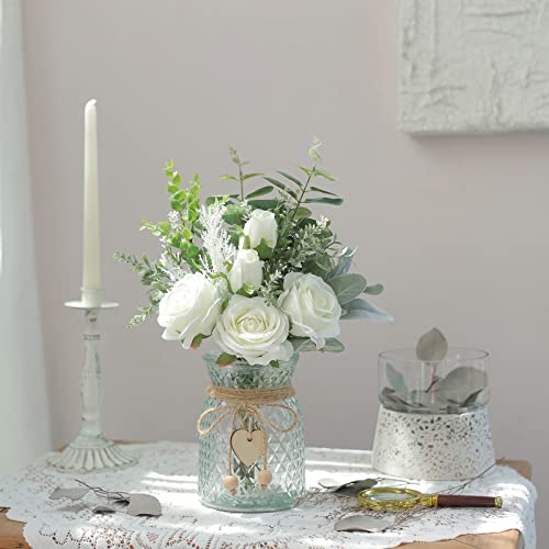 Faux Flowers with Vase,Artificial Silk Roses in Vase, Fake Plant Eucalyptus Flower Arrangement for Home Office Farmhouse B...