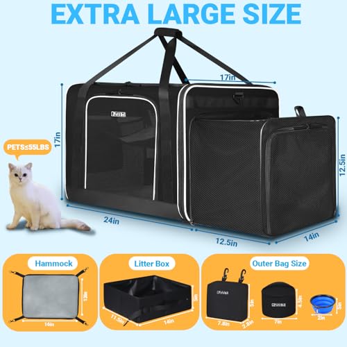 Petskd Side Expandable Extra Large Cat Carrier with Litter Box Area, 24"x17"x17" Soft-Sided Pet Carrier for 2 Cats Under 5...