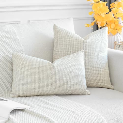 OTOSTAR Pack of 2 Throw Pillow Covers 12x20 Inch Linen Beige Pillowcases Farmhouse Decorative Solid Pillow Covers 30x50 cm...